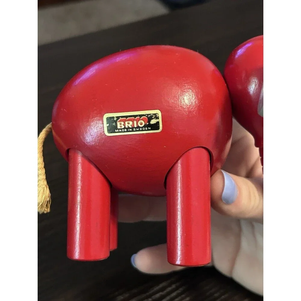 Vintage BRIO Jumbo Elephant Pull Toy Red Wooden Made in Sweden Rare 4.5”